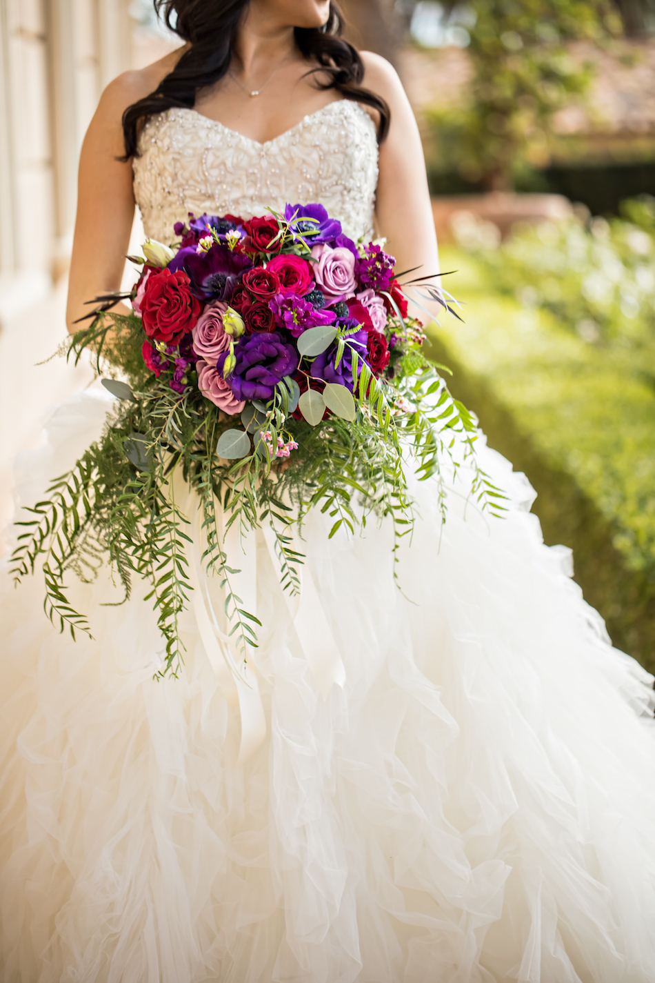 Jewel Toned Pelican Hill Resort Wedding, bridal bouquet, purple, red, fuschia