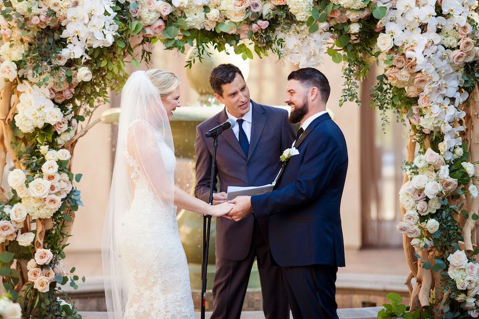 newlyweds, wedding ceremony, ceremony flowers, romantic blush, wedding, bride and groom, flower by cina, blush wedding, serra plaza