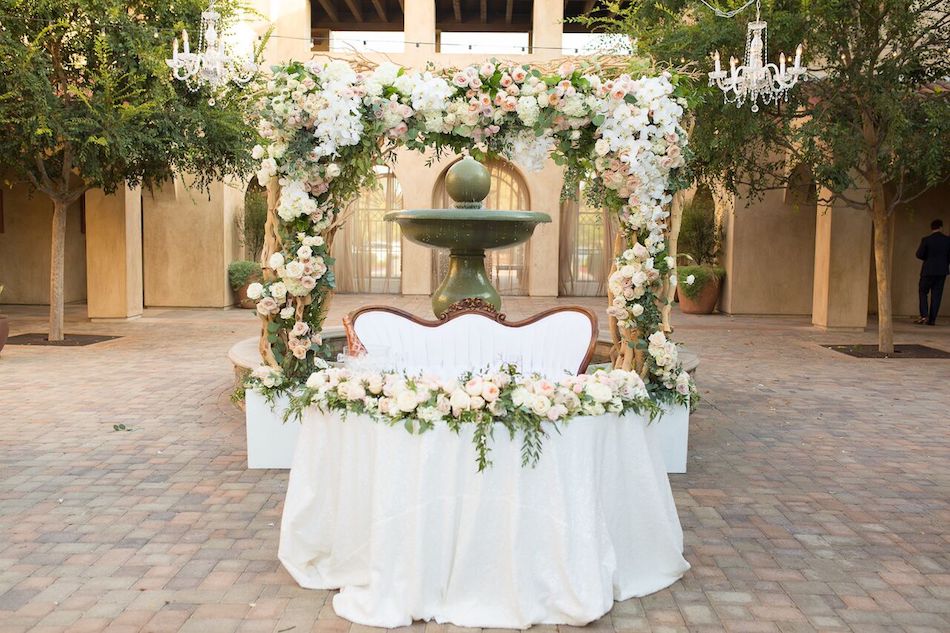 sweetheart table, arch, flowers, floral arch, blush wedding, romantic blush