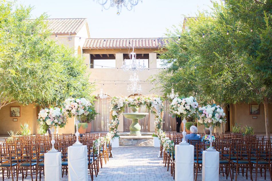 wedding ceremony, serra plaza, outdoor wedding, romantic blush, blush wedding, flowers by cina, serra plaza