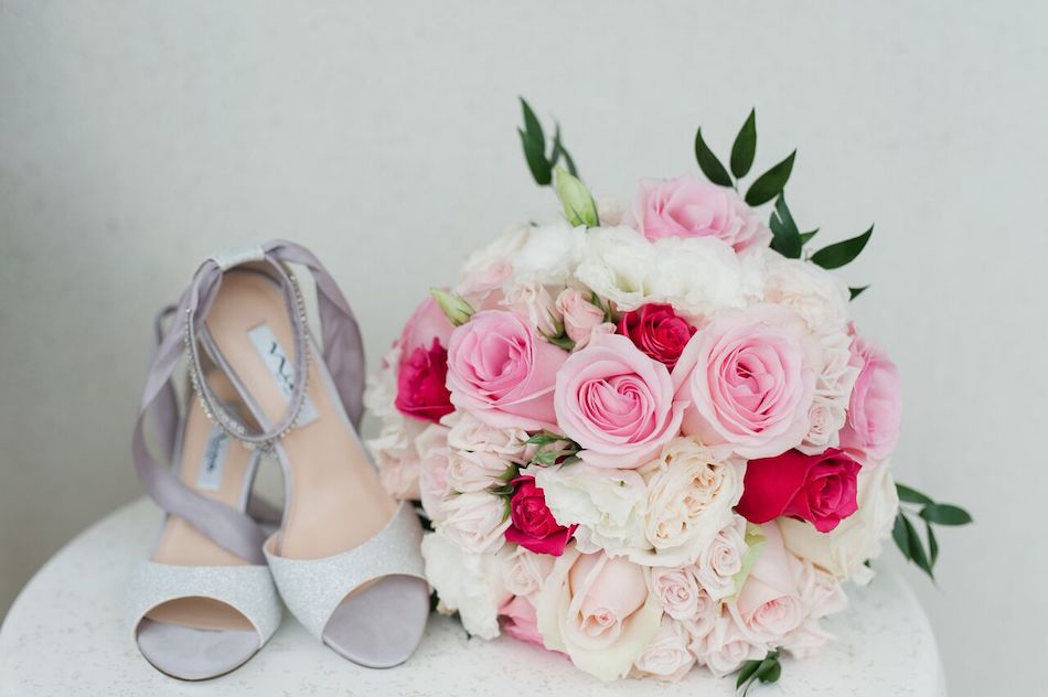 bouquet, wedding flowers, shoes, wedding, bride, romantic pink, pink, flowers by cina