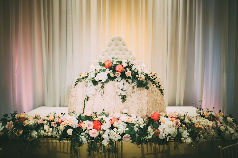 sweetheart table, floral design, florist, flowers by cina, beautiful blush, wedding