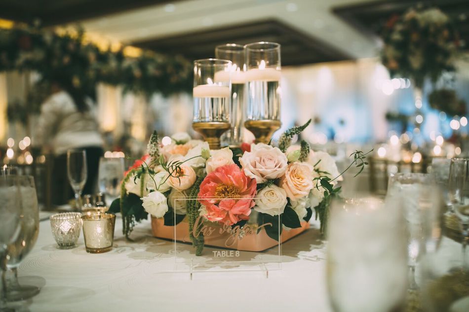 centerpiece, flowers, wedding flowers, reception, florist, flowers by cina, beautiful blush, candles