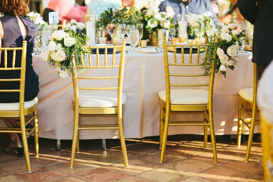 gold chairs, ivory and gold, greenery, wedding flowers, orange county florist, flowers by cina