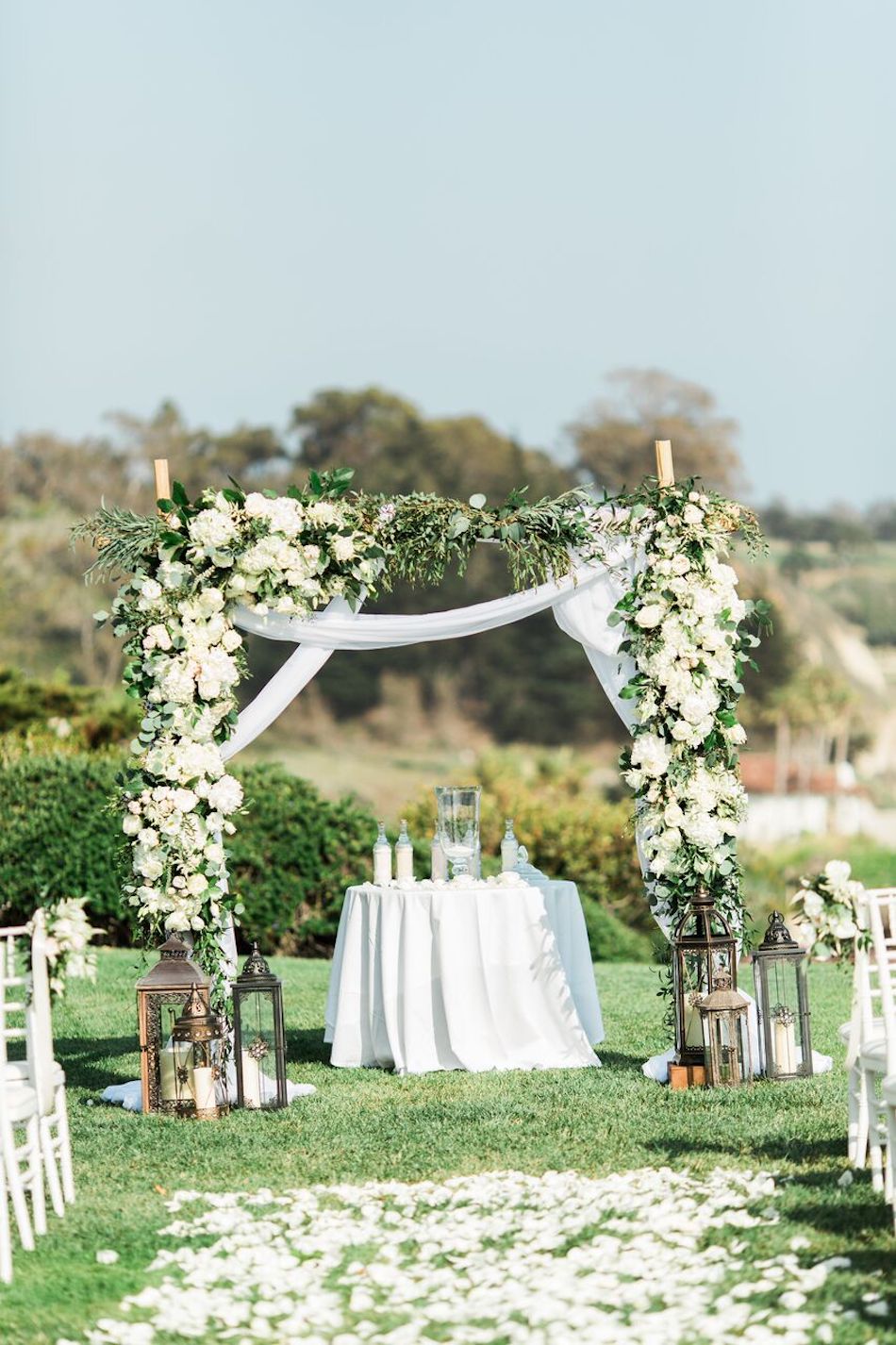 wedding ceremony, arch, navy and white, bacara resort, santa barbara wedding, orange county wedding, orange county florist, wedding florist, flowers by cina, wedding flowers, floral design, orange county floral design