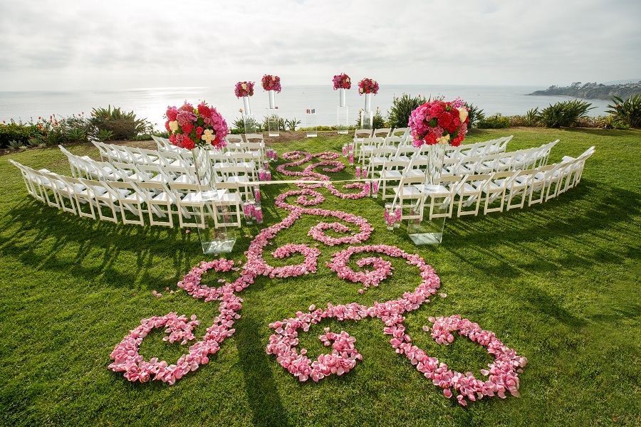 Ritz Carlton Laguna Niguel, pink hued ceremony, Lisa Simpson Weddings, Flowers by Cina, Frank Salas