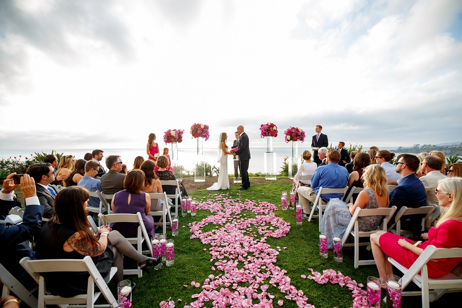 Ritz Carlton Laguna Niguel, pink hued ceremony, Lisa Simpson Weddings, Flowers by Cina, Frank Salas