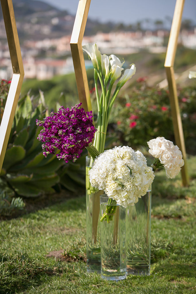 flowers by cina, ritz carlton laguna niguel, purple, ivory, strictly weddings, feature