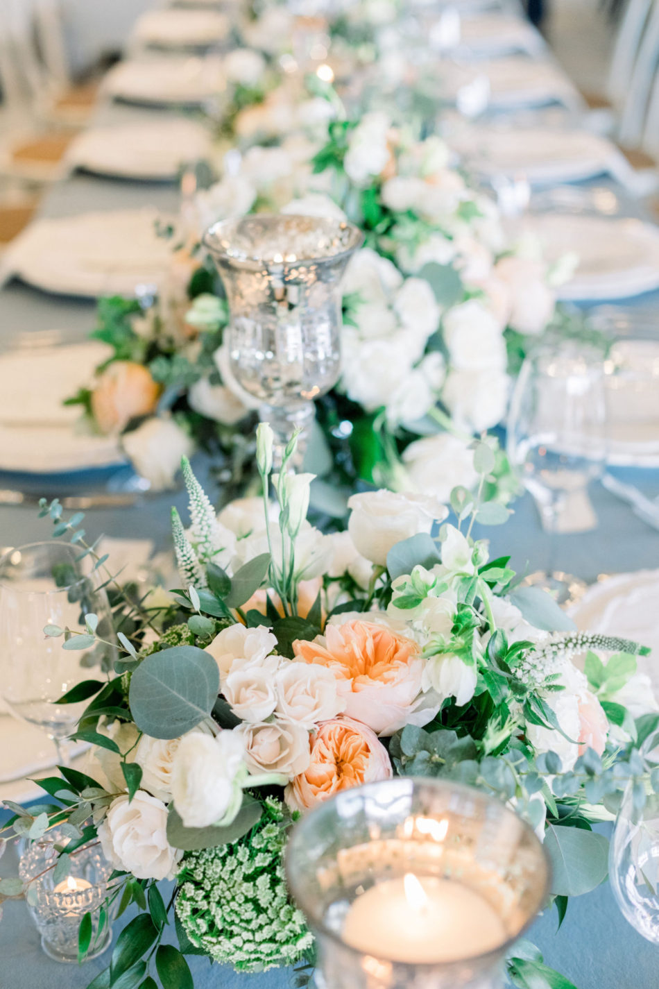 blue tabletop, spring centerpiece, blush centerpiece, floral design, florist, wedding florist, wedding flowers, orange county weddings, orange county wedding florist, orange county florist, orange county floral design, flowers by cina