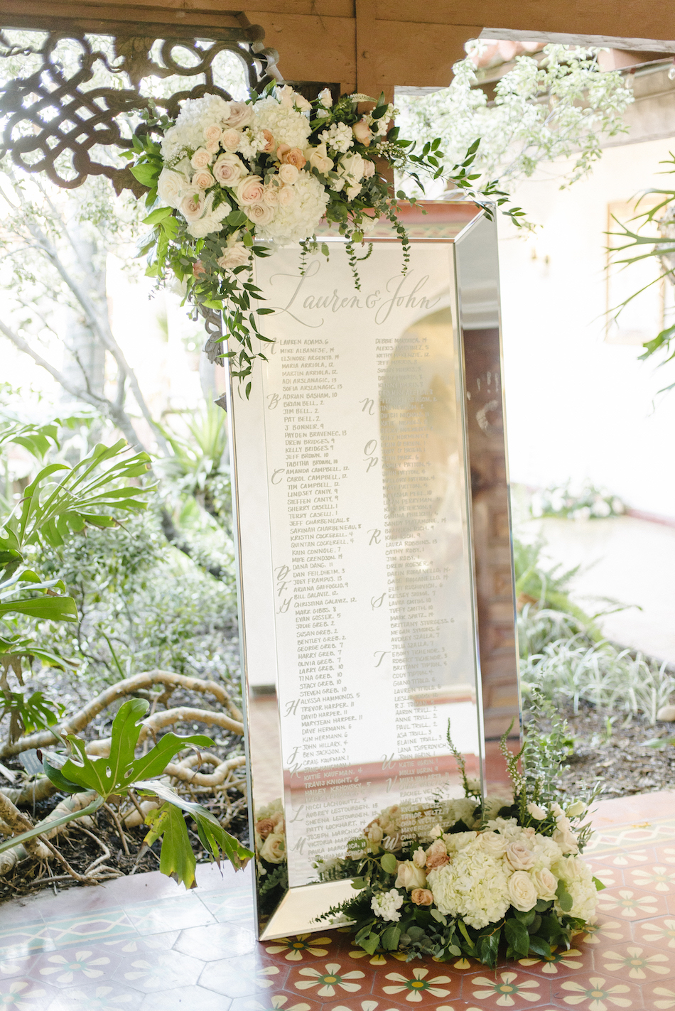 reception seating chart, floral seating chart, mirrored seating chart, traditional pastel wedding, Flowers by Cina, orange county wedding florist, orange county weddings, floral design, orange county floral designer, floral designer