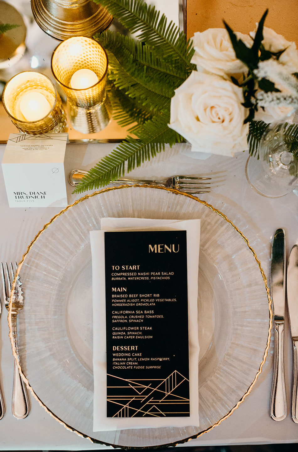 gold tabletop details, wedding tablescape details, white and gold tabletop decor, floral design, florist, wedding florist, wedding flowers, orange county weddings, orange county wedding florist, orange county florist, orange county floral design, flowers by cina