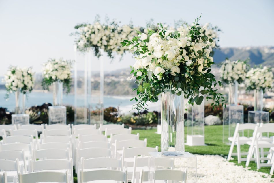 oceanfront wedding ceremony, white wedding florals, ceremony florals, floral design, florist, wedding florist, wedding flowers, orange county weddings, orange county wedding florist, orange county florist, orange county floral design, flowers by cina