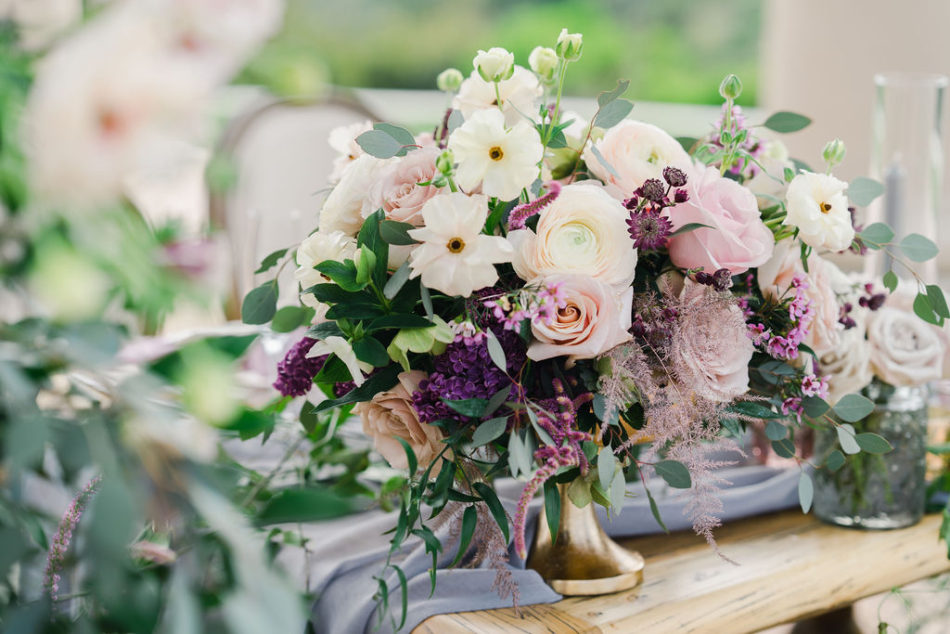 lilac centerpiece, purple centerpiece, purple blooms, floral design, florist, wedding florist, wedding flowers, orange county weddings, orange county wedding florist, orange county florist, orange county floral design, flowers by cina