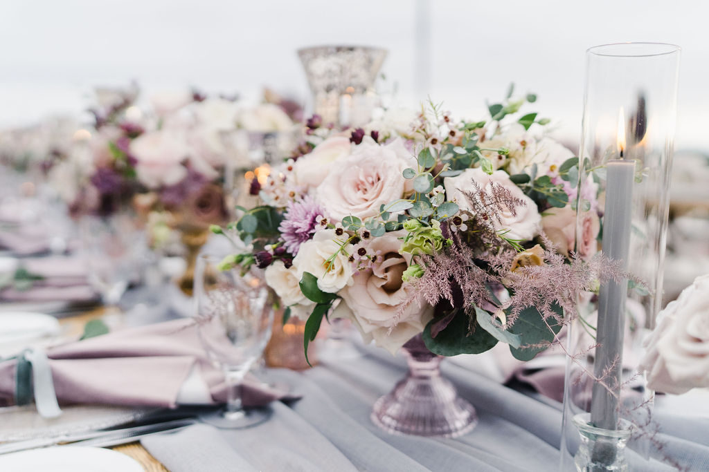  floral design, florist, wedding florist, wedding flowers, orange county weddings, orange county wedding florist, orange county florist, orange county floral design, flowers by cina, purple tablescape, purple tabletop, lilac centerpiece