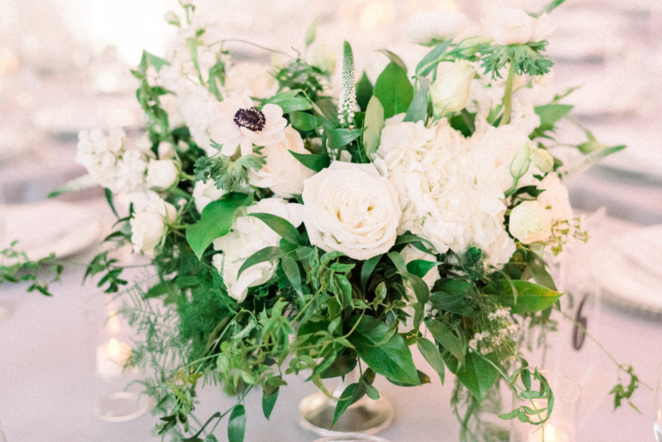 lush greenery, white blooms, white floral centerpiece, floral design, florist, wedding florist, wedding flowers, orange county weddings, orange county wedding florist, orange county florist, orange county floral design, flowers by cina