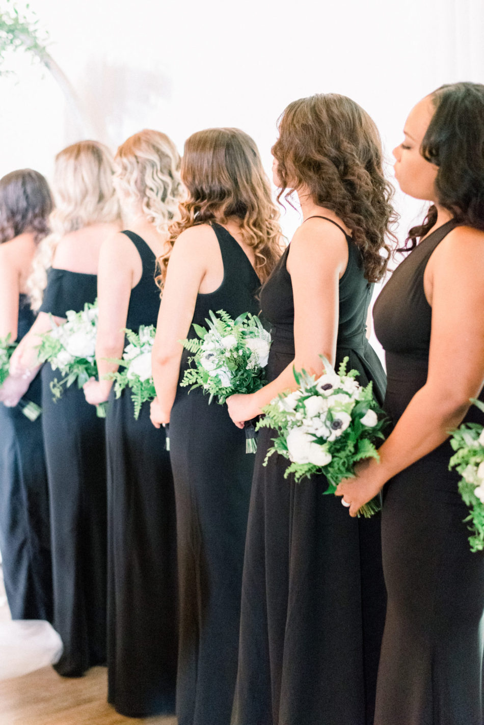 black bridesmaid dress, white bouquet, bridal party, floral design, florist, wedding florist, wedding flowers, orange county weddings, orange county wedding florist, orange county florist, orange county floral design, flowers by cina