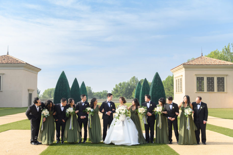 bridal party, green bridesmaid dresses, groomsmen, floral design, florist, wedding florist, wedding flowers, orange county weddings, orange county wedding florist, orange county florist, orange county floral design, flowers by cina