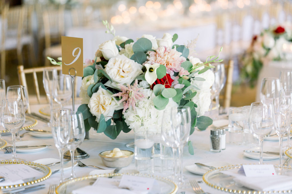 blush centerpiece, gold reception decor, red pop of color, floral design, florist, wedding florist, wedding flowers, orange county weddings, orange county wedding florist, orange county florist, orange county floral design, flowers by cina