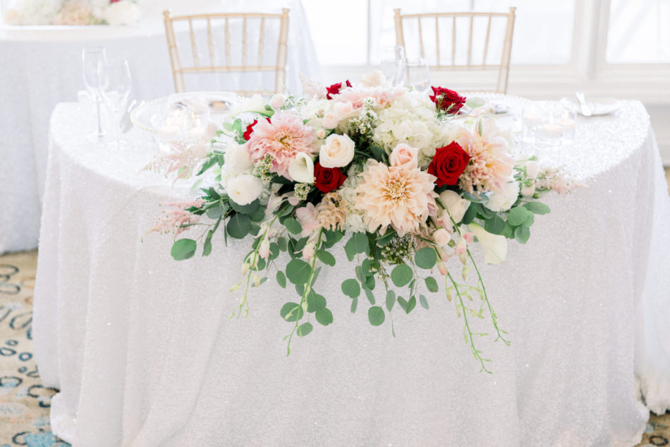 sweetheart table, blush and red florals, red sweetheart table, floral design, florist, wedding florist, wedding flowers, orange county weddings, orange county wedding florist, orange county florist, orange county floral design, flowers by cina