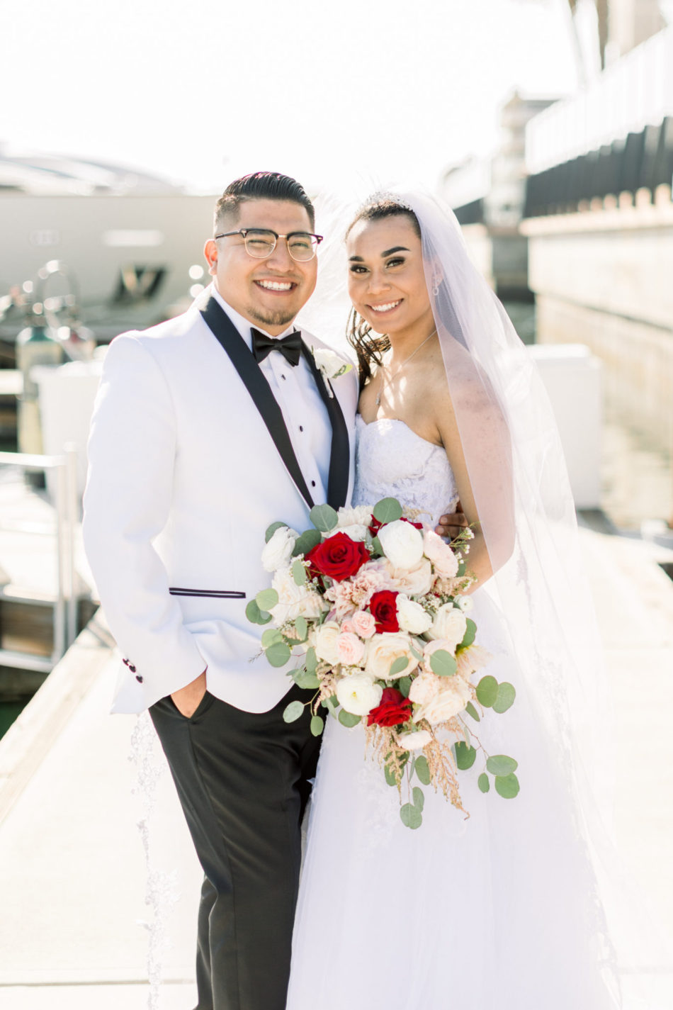 bride and groom, colorful bridal bouquet, white tuxedo, floral design, florist, wedding florist, wedding flowers, orange county weddings, orange county wedding florist, orange county florist, orange county floral design, flowers by cina