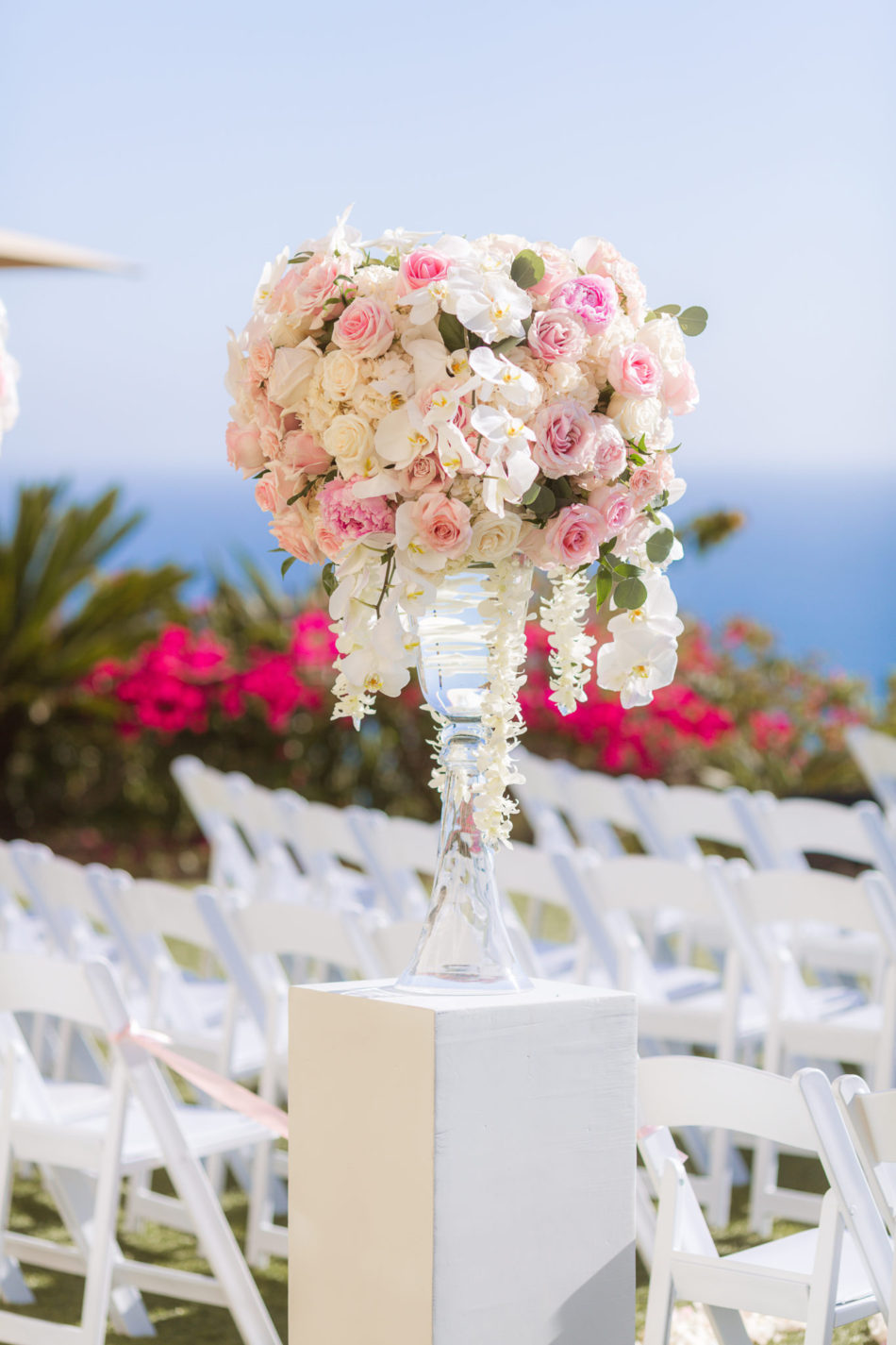 pink ceremony florals, pink ceremony decor, oceanfront wedding, floral design, florist, wedding florist, wedding flowers, orange county weddings, orange county wedding florist, orange county florist, orange county floral design, flowers by cina