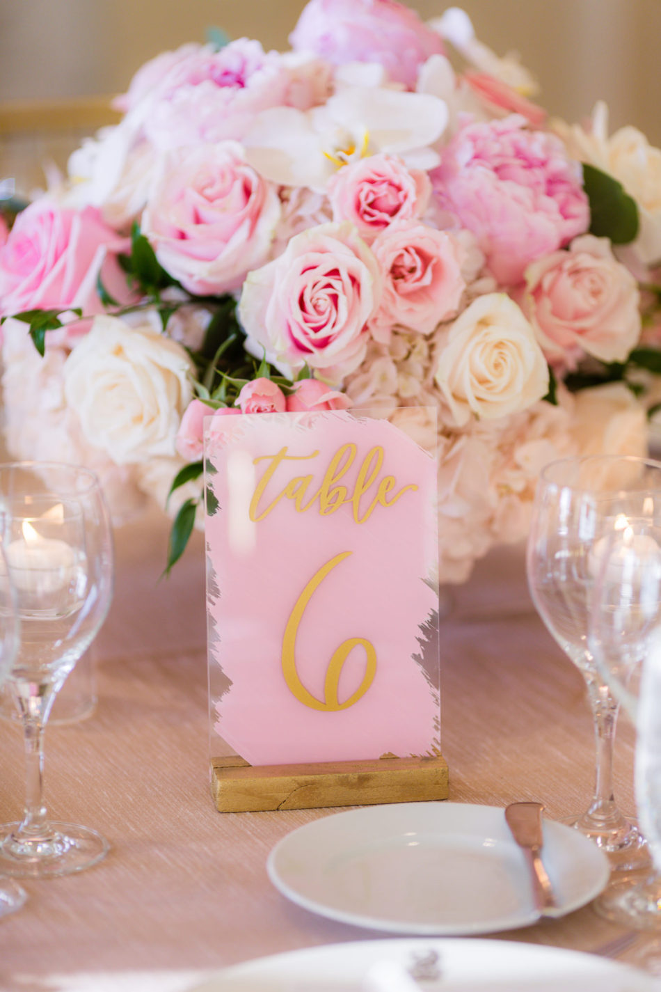 pink and gold decor, pink table number, pink centerpiece, floral design, florist, wedding florist, wedding flowers, orange county weddings, orange county wedding florist, orange county florist, orange county floral design, flowers by cina