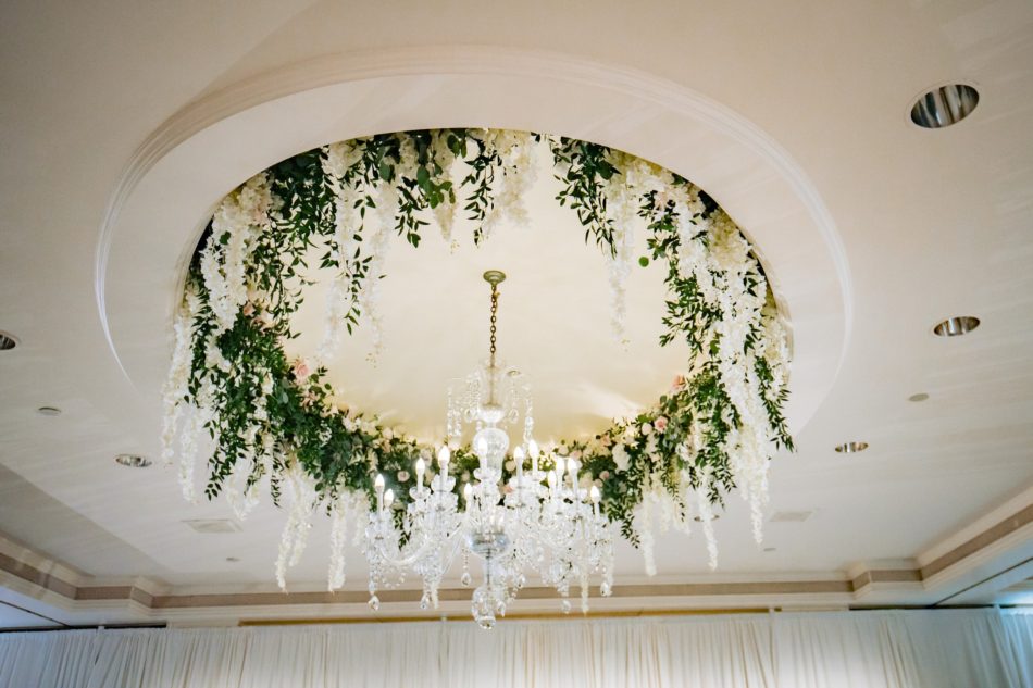 enchanted oceanfront wedding, floral ceiling decor, white ceiling blooms, floral chandelier, floral design, florist, wedding florist, wedding flowers, orange county weddings, orange county wedding florist, orange county florist, orange county floral design, flowers by cina