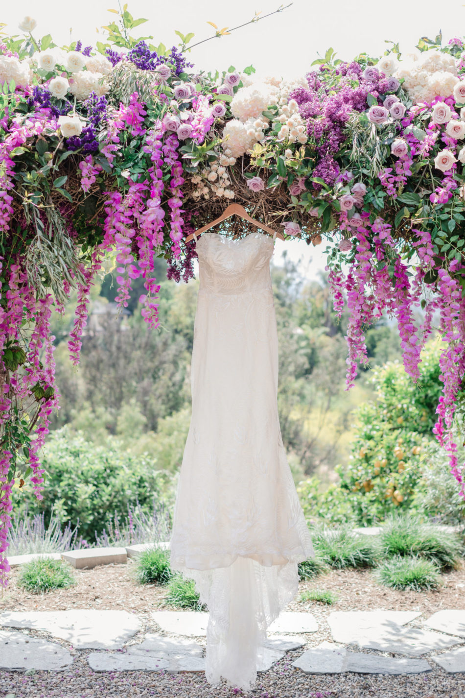 purple floral arch, purple floral-filled chuppah, wedding dress, floral design, florist, wedding florist, wedding flowers, orange county weddings, orange county wedding florist, orange county florist, orange county floral design, flowers by cina