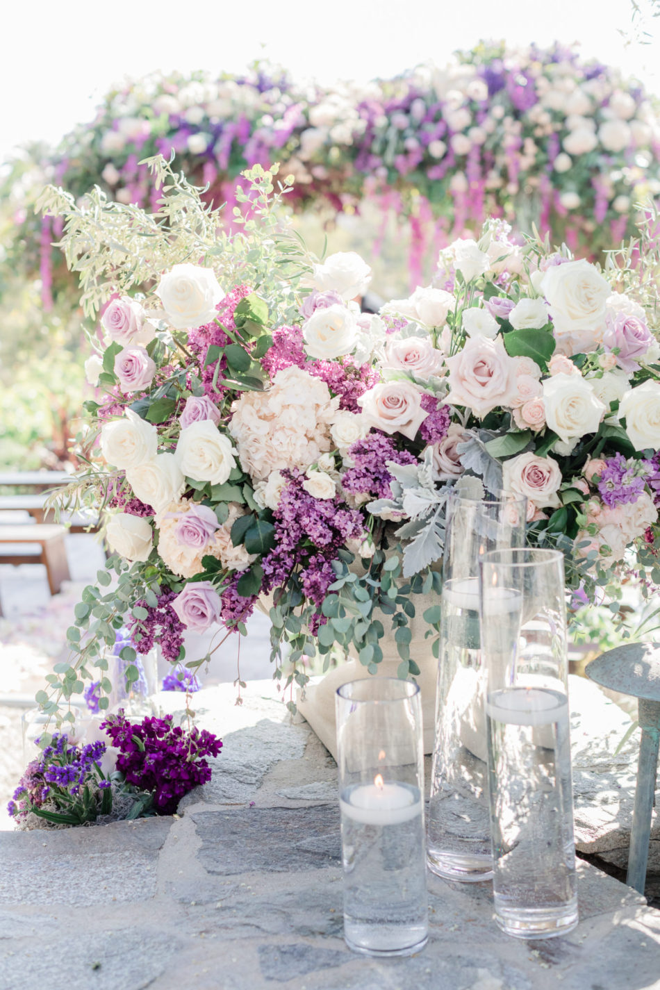 purple floral decor, lavender-hued ceremony florals, purple floral arrangement, floral design, florist, wedding florist, wedding flowers, orange county weddings, orange county wedding florist, orange county florist, orange county floral design, flowers by cina