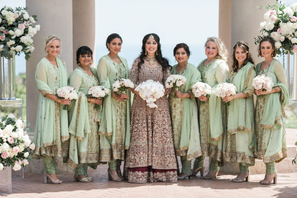 indian fusion wedding, green bridesmaid dresses, bridesmaids, green bridesmaid dresses, floral design, florist, wedding florist, wedding flowers, orange county weddings, orange county wedding florist, orange county florist, orange county floral design, flowers by cina