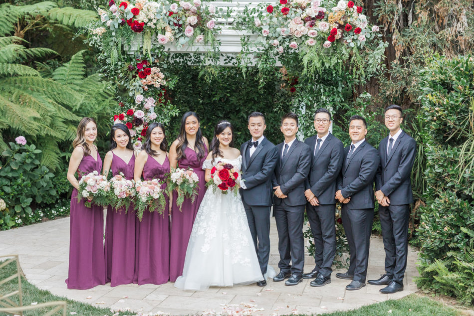 bridal party, purple bridesmaids dress, red and pink bridal bouquet, floral design, florist, wedding florist, wedding flowers, orange county weddings, orange county wedding florist, orange county florist, orange county floral design, flowers by cina