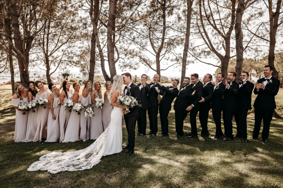 bridal party, bride and groom, first kiss, floral design, florist, wedding florist, wedding flowers, orange county weddings, orange county wedding florist, orange county florist, orange county floral design, flowers by cina