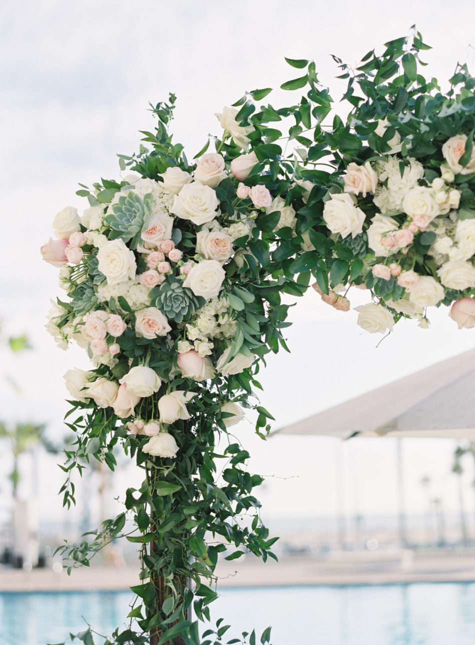 romantic waterfront wedding, blush floral arch, romantic floral arch, floral design, florist, wedding florist, wedding flowers, orange county weddings, orange county wedding florist, orange county florist, orange county floral design, flowers by cina