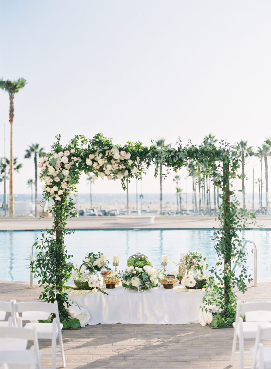 romantic waterfront wedding, floral-filled arch, blush floral arch, floral design, florist, wedding florist, wedding flowers, orange county weddings, orange county wedding florist, orange county florist, orange county floral design, flowers by cina