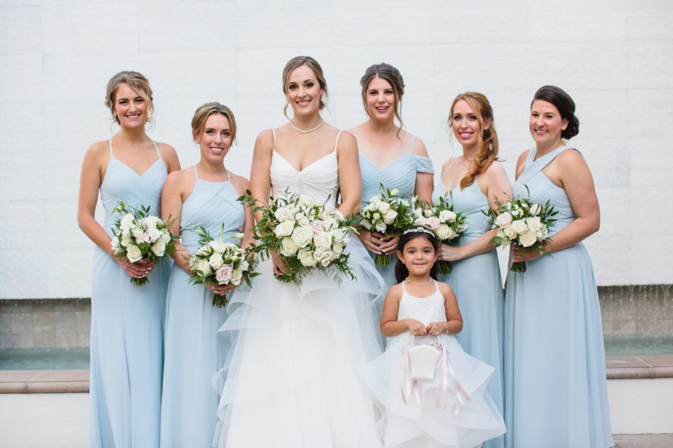 white bridal bouquet, blue bridesmaid dress, beautiful coastal wedding, floral design, florist, wedding florist, wedding flowers, orange county weddings, orange county wedding florist, orange county florist, orange county floral design, flowers by cina