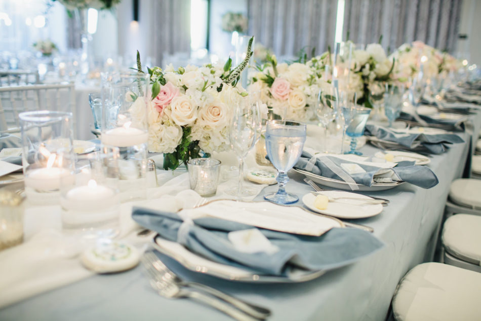 classic blue hued wedding, blue reception decor, blush centerpieces, beautiful coastal wedding, floral design, florist, wedding florist, wedding flowers, orange county weddings, orange county wedding florist, orange county florist, orange county floral design, flowers by cina