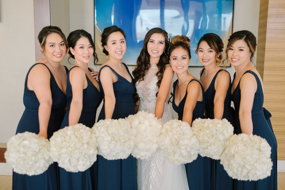 bridesmaids, white bouquets, black bridesmaids dresses, magnificent all-white wedding, floral design, florist, wedding florist, wedding flowers, orange county weddings, orange county wedding florist, orange county florist, orange county floral design, flowers by cina