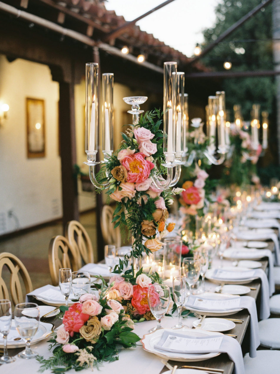 floral candelabra, floral-filled tabletop, gorgeous alfresco reception, floral design, florist, wedding florist, wedding flowers, orange county weddings, orange county wedding florist, orange county florist, orange county floral design, flowers by cina