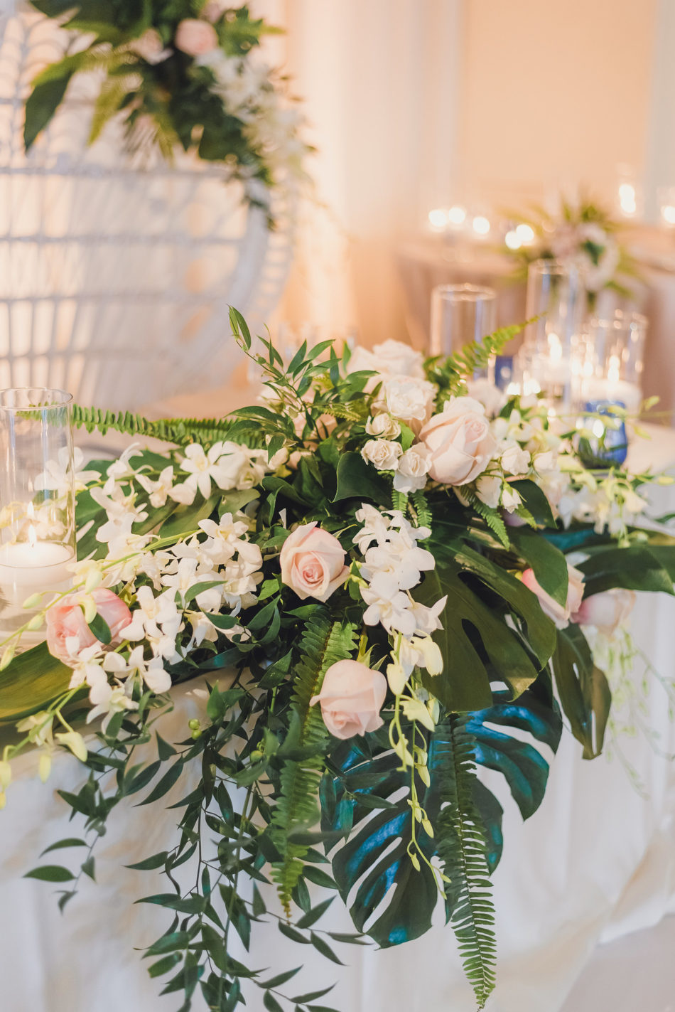 tropical centerpiece, blush blooms, romantic pastel-hued wedding, floral design, florist, wedding florist, wedding flowers, orange county weddings, orange county wedding florist, orange county florist, orange county floral design, flowers by cina