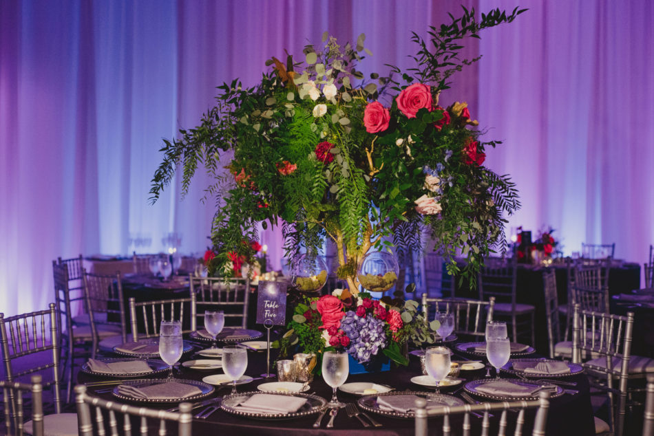 purple reception, colorful centerpiece, vibrant oceanfront wedding, floral design, florist, wedding florist, wedding flowers, orange county weddings, orange county wedding florist, orange county florist, orange county floral design, flowers by cina