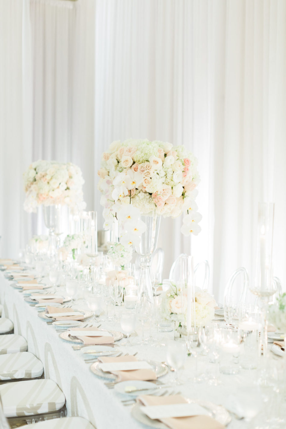 elevated centerpiece, white and blush blooms, romantic all-white wedding, floral design, florist, wedding florist, wedding flowers, orange county weddings, orange county wedding florist, orange county florist, orange county floral design, flowers by cina