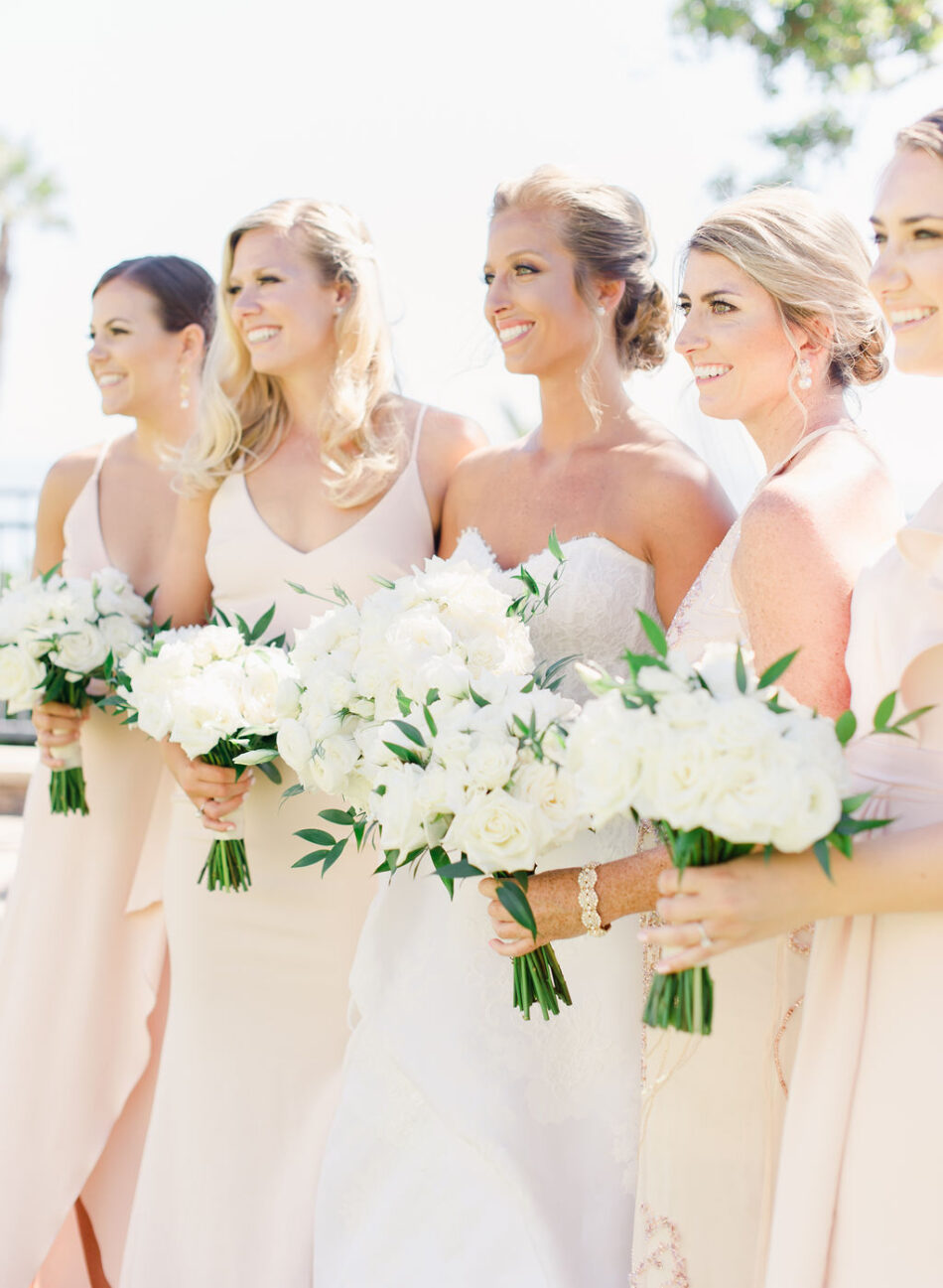 blush bridesmaid dresses, white bouquet, white bridesmaids bouquets, gorgeous oceanfront wedding, floral design, florist, wedding florist, wedding flowers, orange county weddings, orange county wedding florist, orange county florist, orange county floral design, flowers by cina