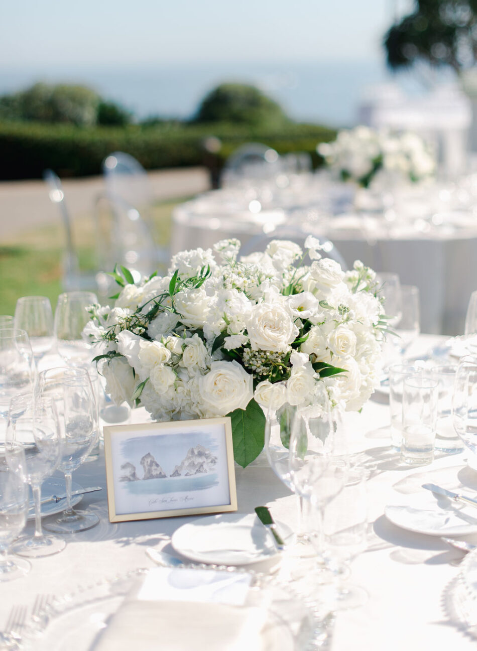 white reception blooms, white centerpiece, all-white reception, gorgeous oceanfront wedding, floral design, florist, wedding florist, wedding flowers, orange county weddings, orange county wedding florist, orange county florist, orange county floral design, flowers by cina