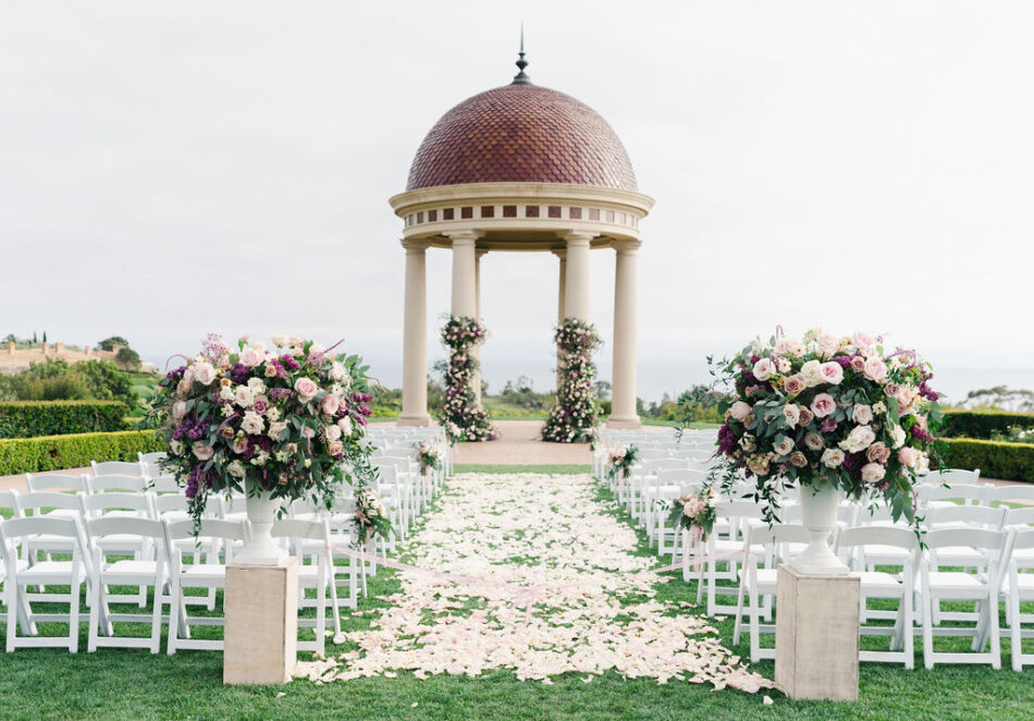 purple ceremony florals, petal-filled aisle, memorable floral-filled ceremony setups, floral design, florist, wedding florist, wedding flowers, orange county weddings, orange county wedding florist, orange county florist, orange county floral design, flowers by cina