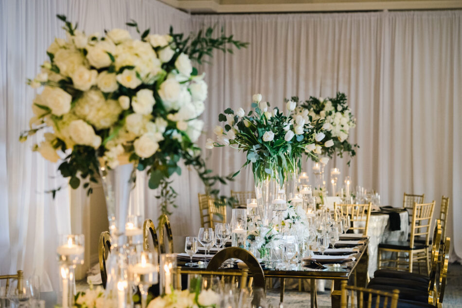 white centerpiece, elevated centerpiece, gold reception, ethereal oceanfront wedding, floral design, florist, wedding florist, wedding flowers, orange county weddings, orange county wedding florist, orange county florist, orange county floral design, flowers by cina