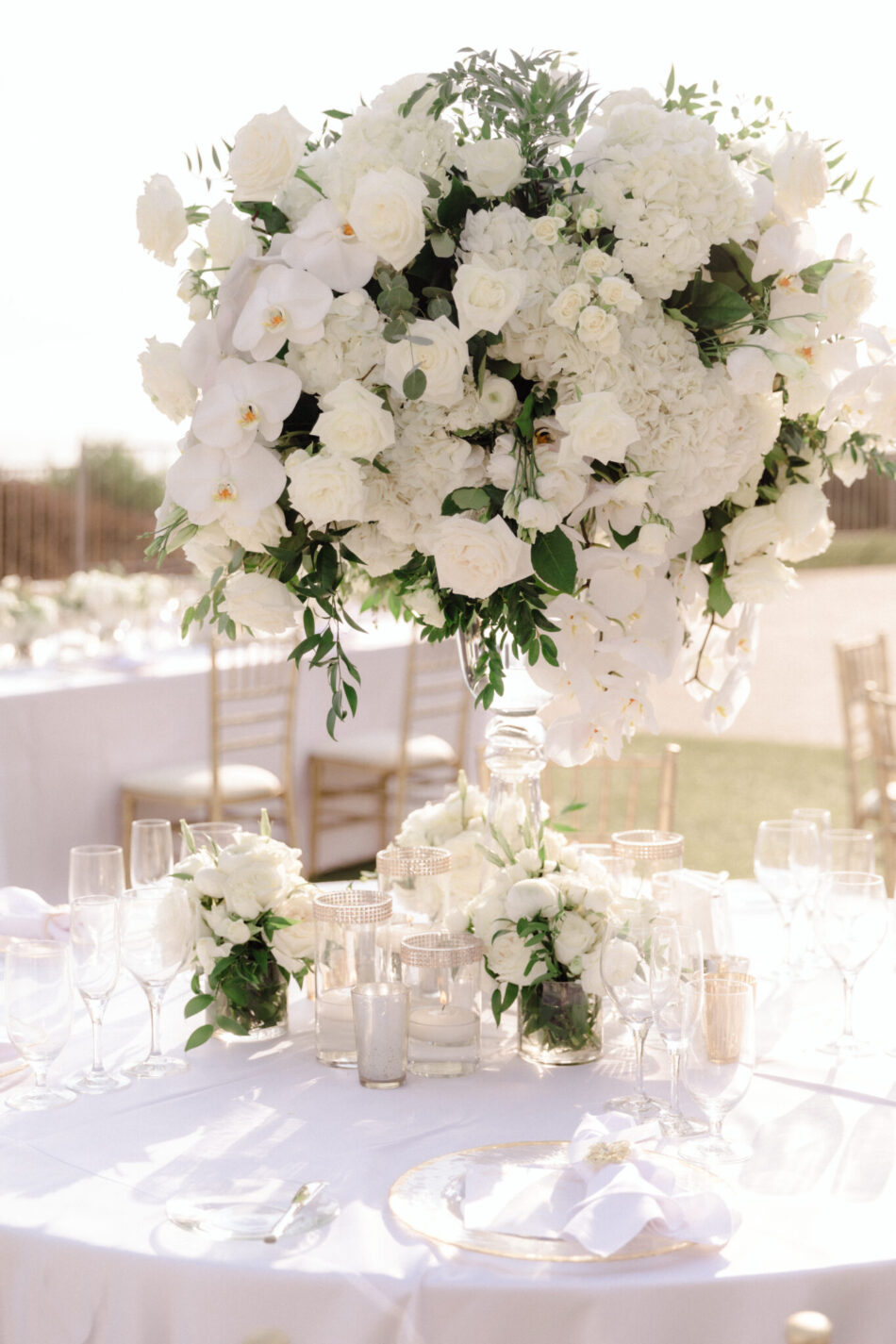 elevated centerpiece, white centepiece, beautiful floral-filled wedding, floral design, florist, wedding florist, wedding flowers, orange county weddings, orange county wedding florist, orange county florist, orange county floral design, flowers by cina