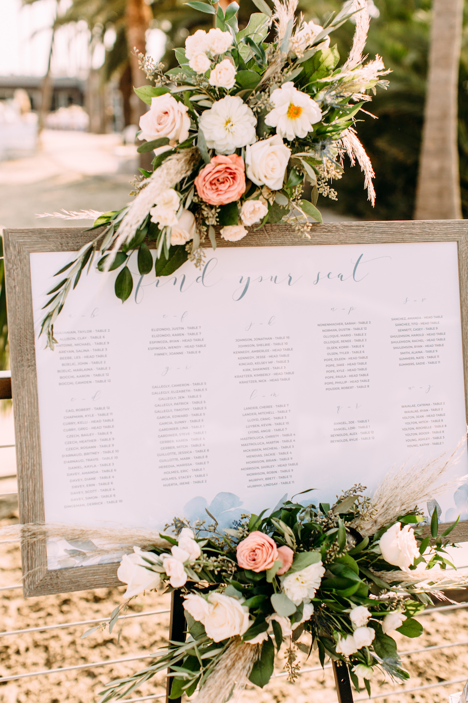 floral design, florist, wedding florist, wedding flowers, orange county weddings, orange county wedding florist, orange county florist, orange county floral design, flowers by cina, seating chart, boho seating chart, romantic seating chart