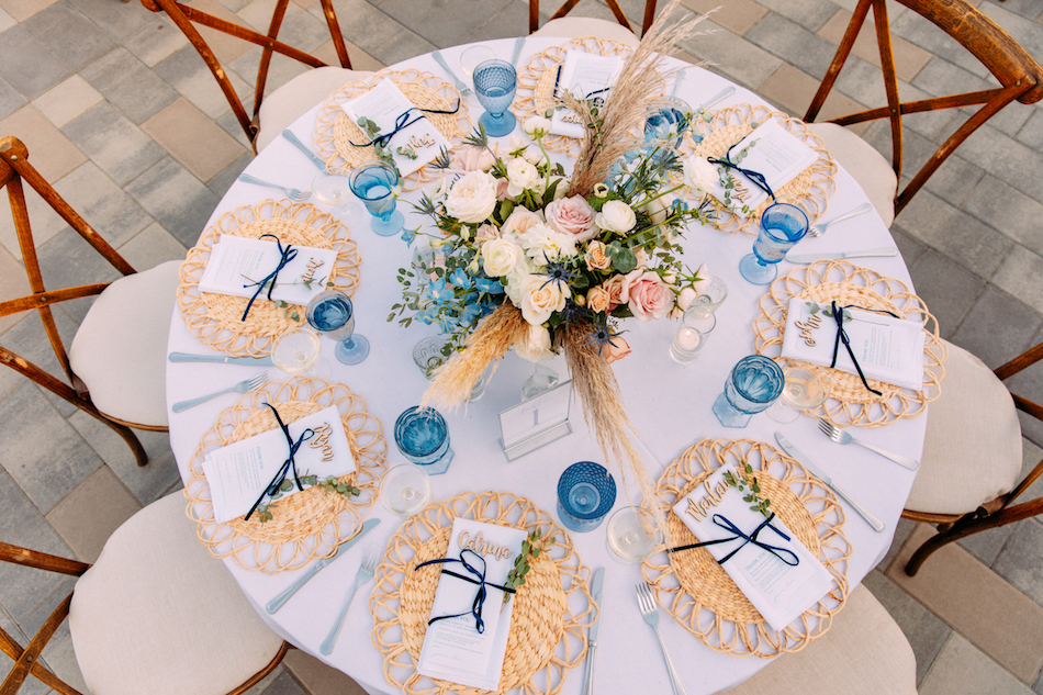 floral design, florist, wedding florist, wedding flowers, orange county weddings, orange county wedding florist, orange county florist, orange county floral design, flowers by cina, something blue, blue tablescape, blue boho tabletop