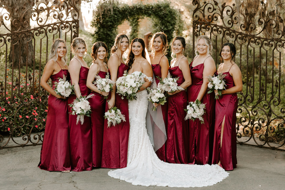 red bridesmaids dresses, bridesmaids, white bouquets, floral design, florist, wedding florist, wedding flowers, orange county weddings, orange county wedding florist, orange county florist, orange county floral design, flowers by cina