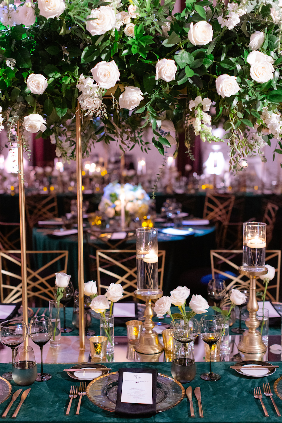 emerald green reception, emerald green decor, elevated florals, floral design, florist, wedding florist, wedding flowers, orange county weddings, orange county wedding florist, orange county florist, orange county floral design, flowers by cina